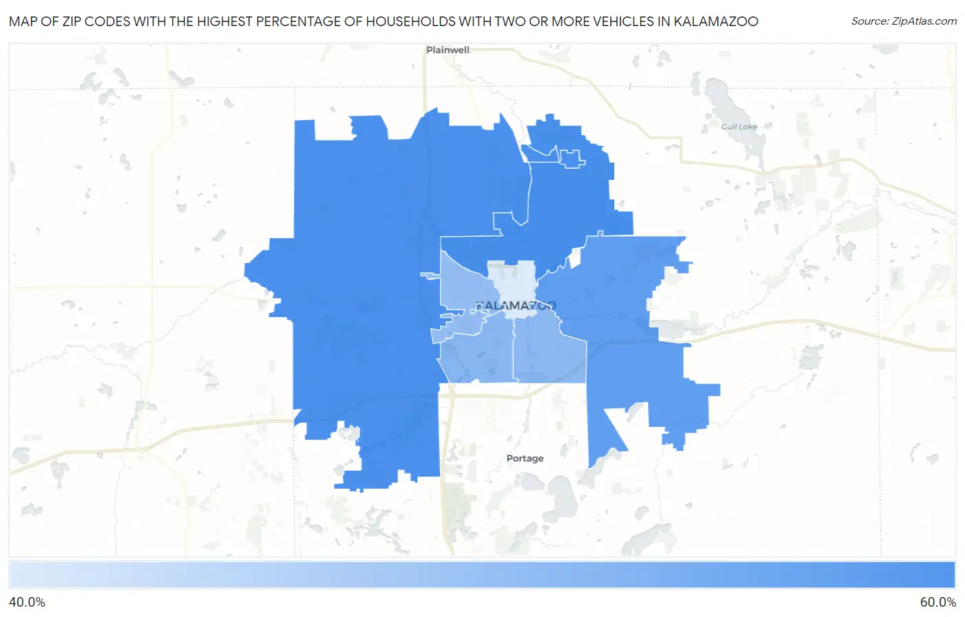 Zip Codes with the Highest Percentage of Households With Two or more Vehicles in Kalamazoo Map