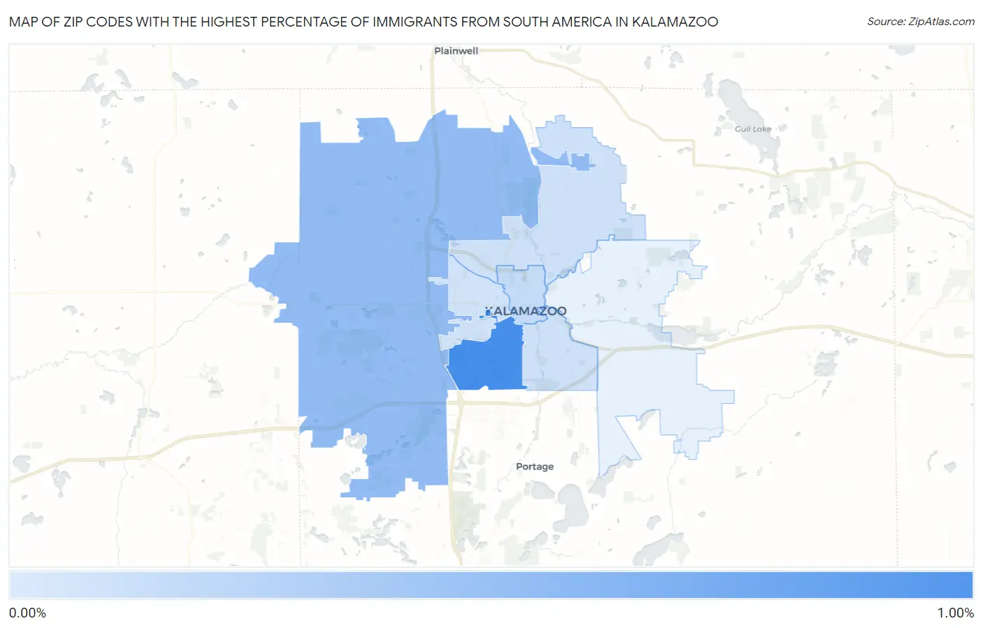 Zip Codes with the Highest Percentage of Immigrants from South America in Kalamazoo Map