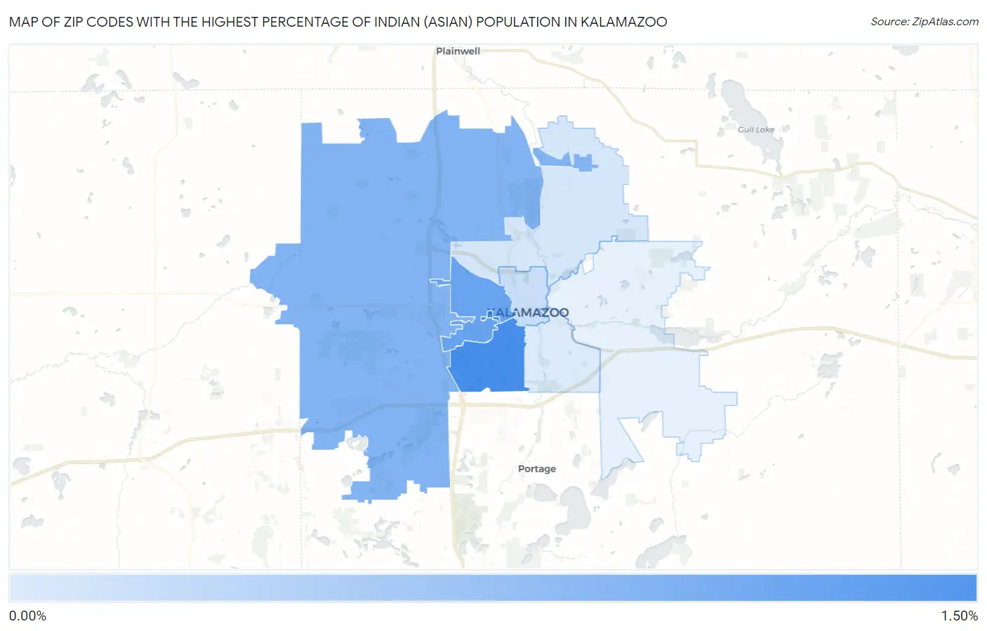 Zip Codes with the Highest Percentage of Indian (Asian) Population in Kalamazoo Map