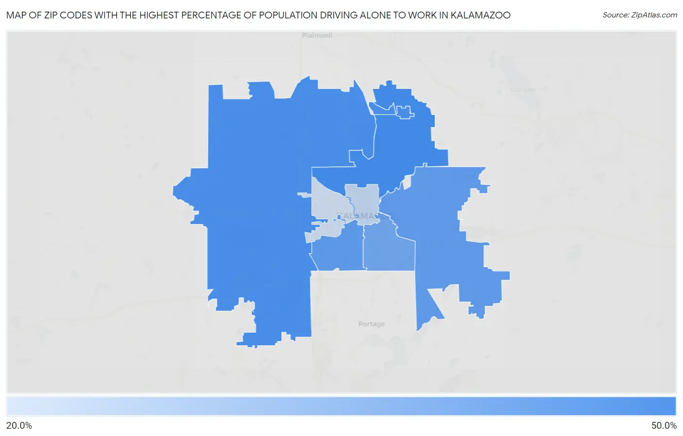 Zip Codes with the Highest Percentage of Population Driving Alone to Work in Kalamazoo Map