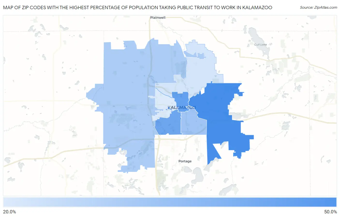 Zip Codes with the Highest Percentage of Population Taking Public Transit to Work in Kalamazoo Map