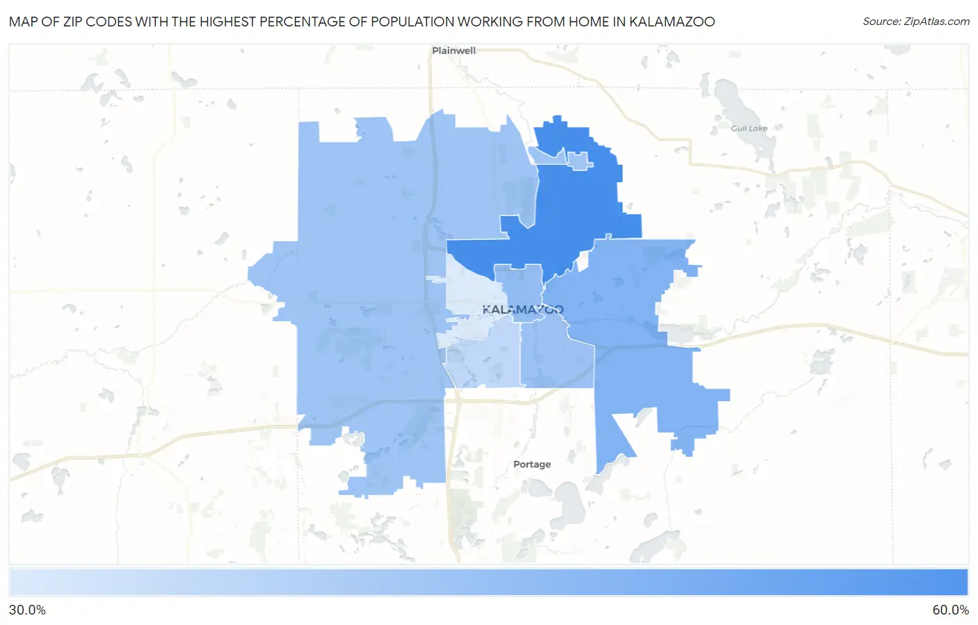 Zip Codes with the Highest Percentage of Population Working from Home in Kalamazoo Map