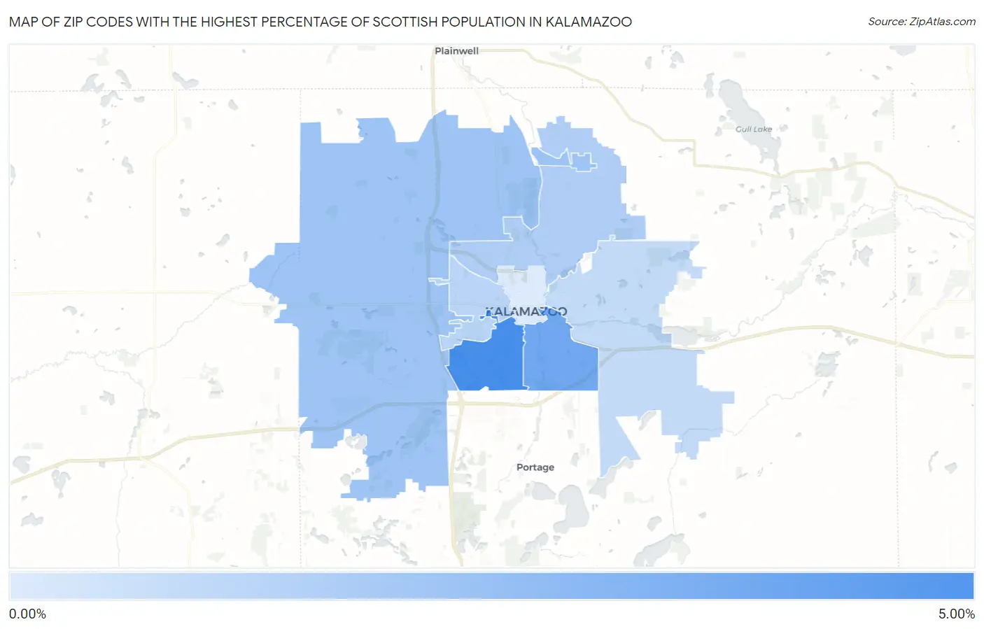 Zip Codes with the Highest Percentage of Scottish Population in Kalamazoo Map