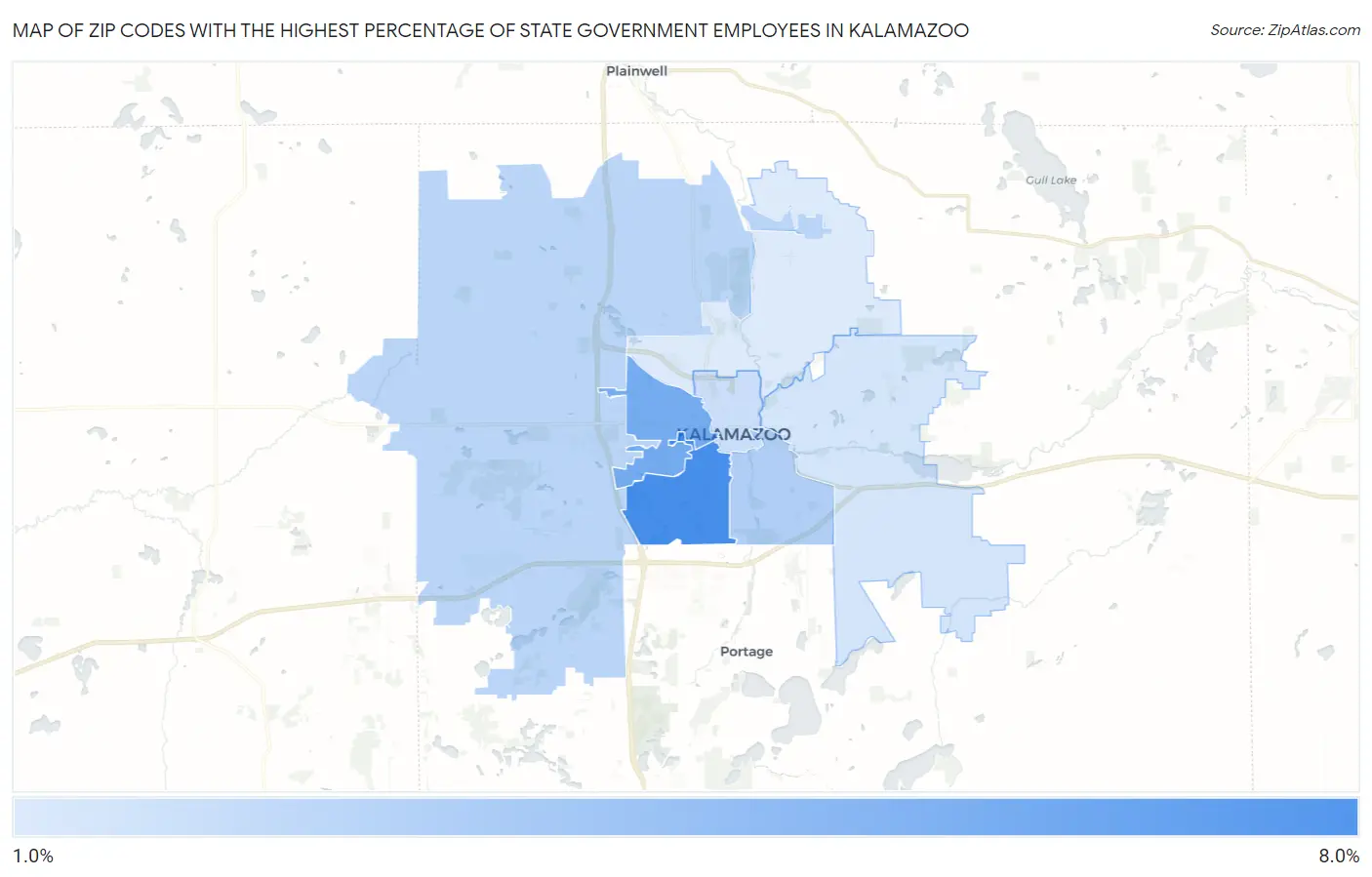 Zip Codes with the Highest Percentage of State Government Employees in Kalamazoo Map