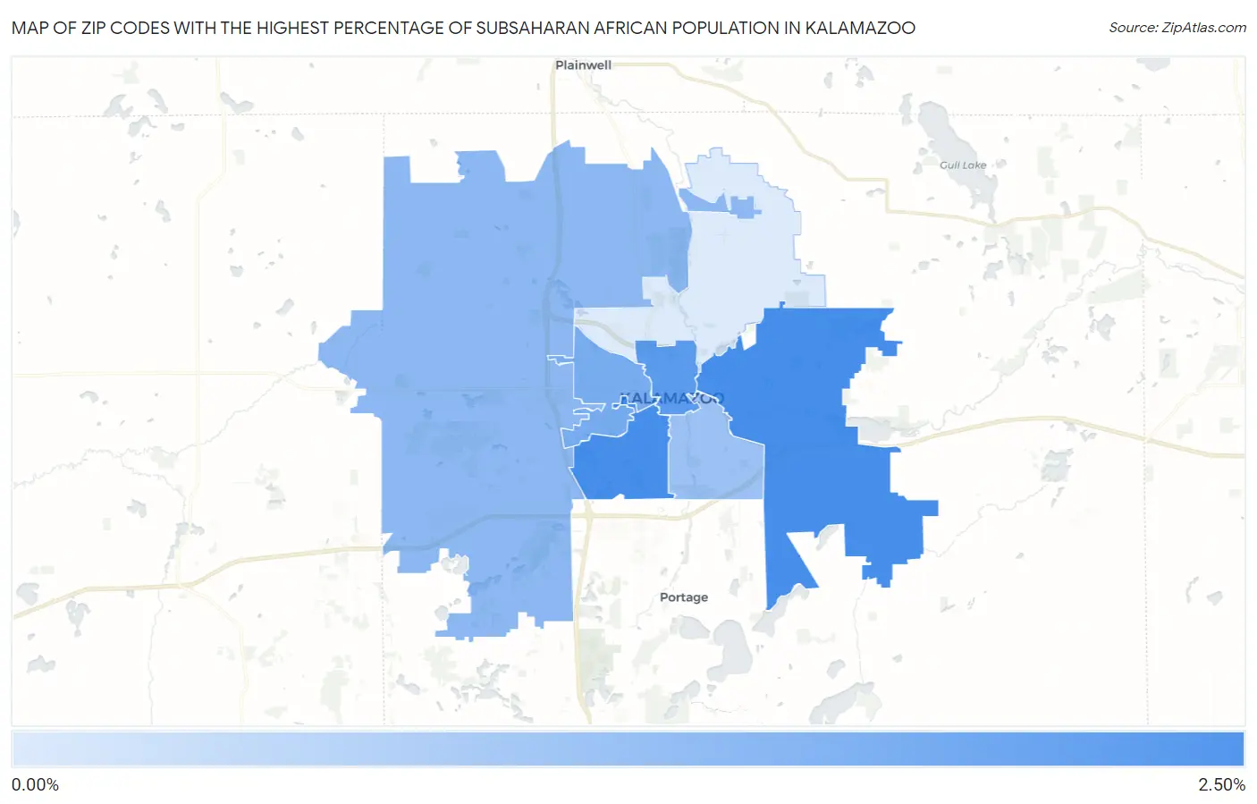 Zip Codes with the Highest Percentage of Subsaharan African Population in Kalamazoo Map