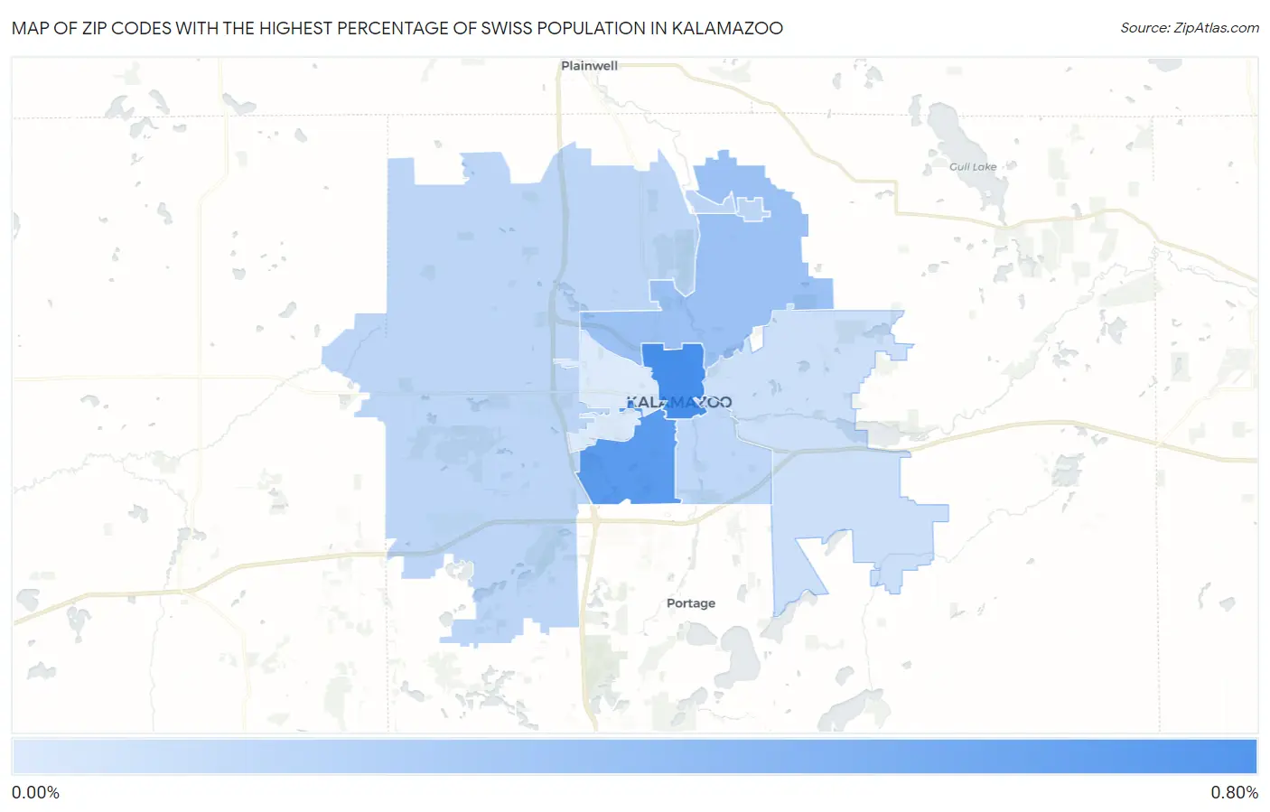 Zip Codes with the Highest Percentage of Swiss Population in Kalamazoo Map