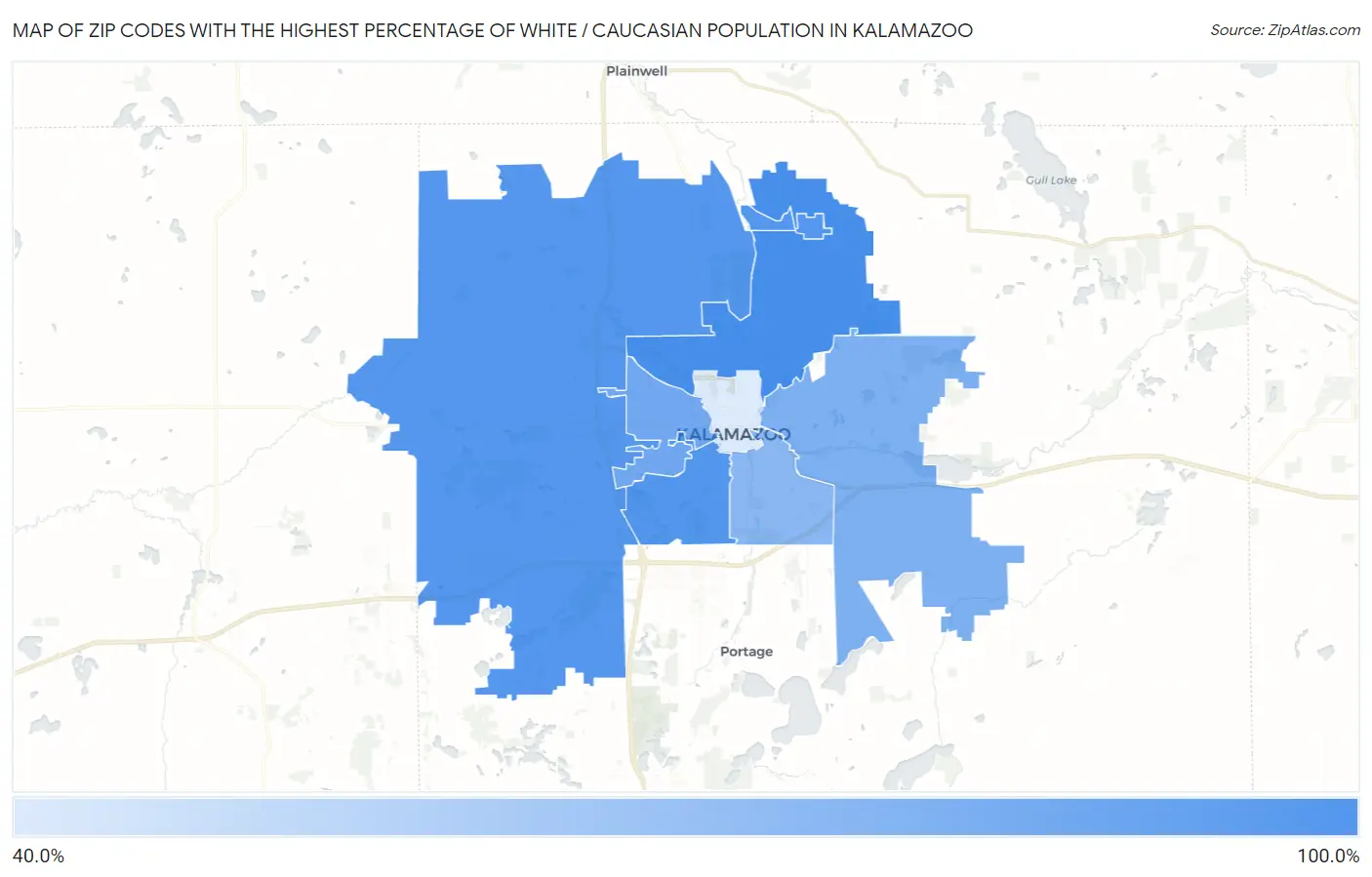 Zip Codes with the Highest Percentage of White / Caucasian Population in Kalamazoo Map