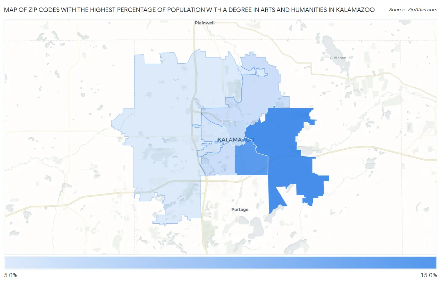 Zip Codes with the Highest Percentage of Population with a Degree in Arts and Humanities in Kalamazoo Map