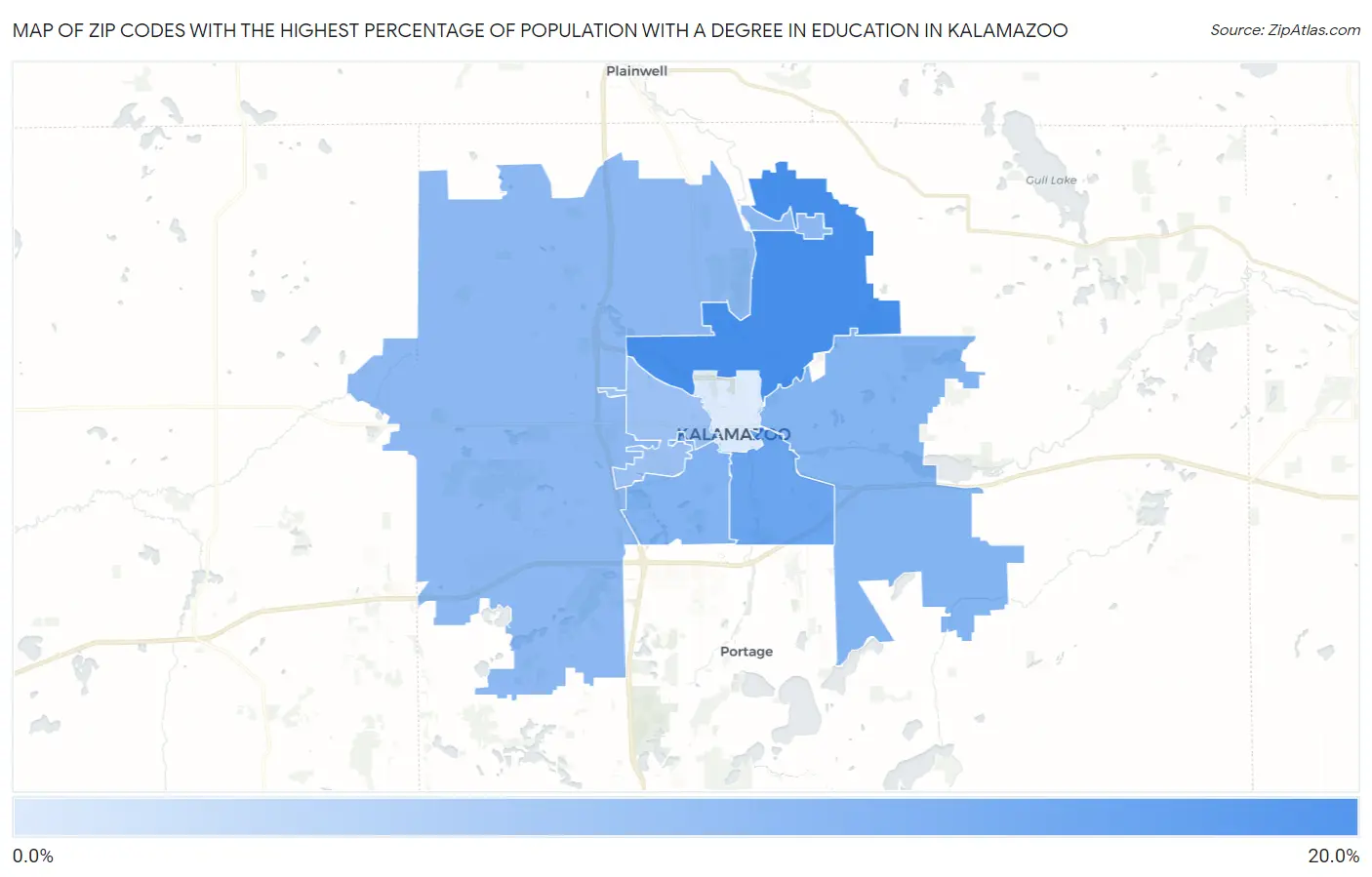 Zip Codes with the Highest Percentage of Population with a Degree in Education in Kalamazoo Map