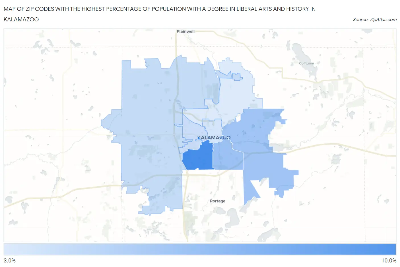 Zip Codes with the Highest Percentage of Population with a Degree in Liberal Arts and History in Kalamazoo Map