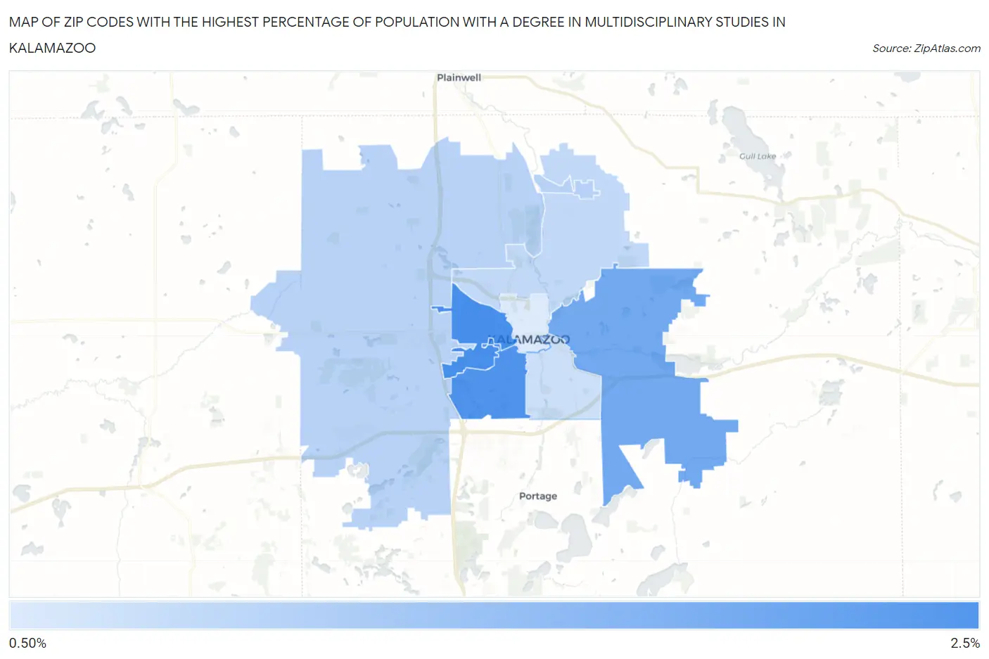 Zip Codes with the Highest Percentage of Population with a Degree in Multidisciplinary Studies in Kalamazoo Map