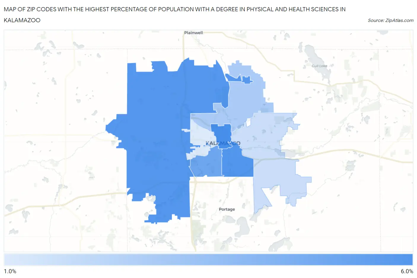 Zip Codes with the Highest Percentage of Population with a Degree in Physical and Health Sciences in Kalamazoo Map