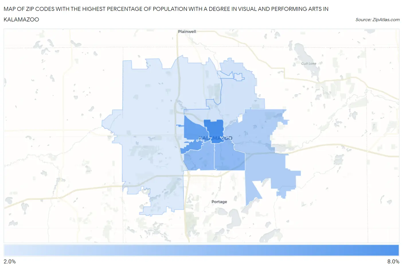 Zip Codes with the Highest Percentage of Population with a Degree in Visual and Performing Arts in Kalamazoo Map