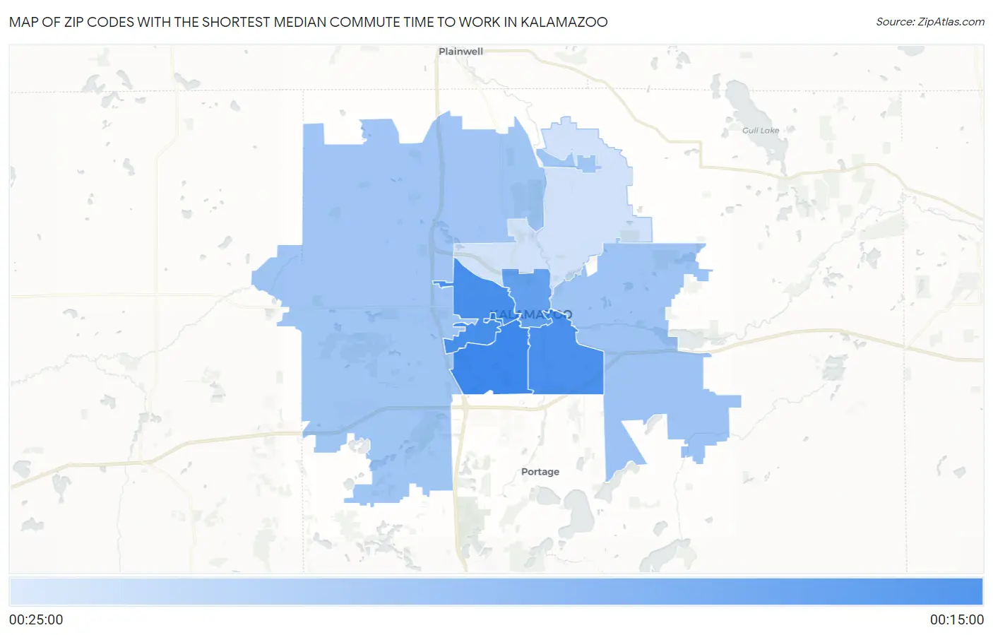 Zip Codes with the Shortest Median Commute Time to Work in Kalamazoo Map