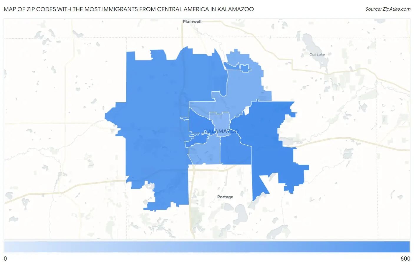 Zip Codes with the Most Immigrants from Central America in Kalamazoo Map