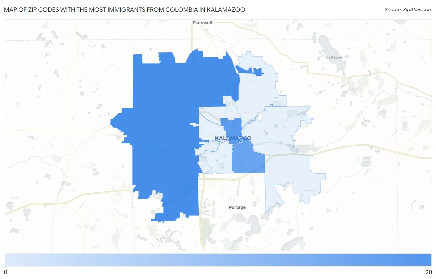 Zip Codes with the Most Immigrants from Colombia in Kalamazoo Map
