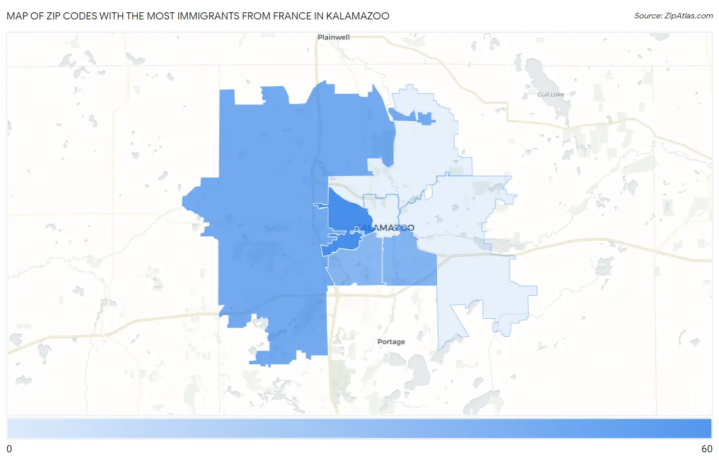 Zip Codes with the Most Immigrants from France in Kalamazoo Map