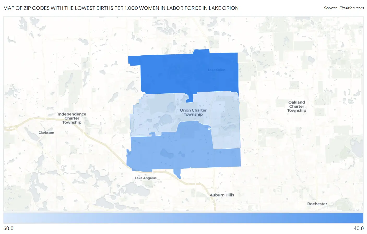 Zip Codes with the Lowest Births per 1,000 Women in Labor Force in Lake Orion Map