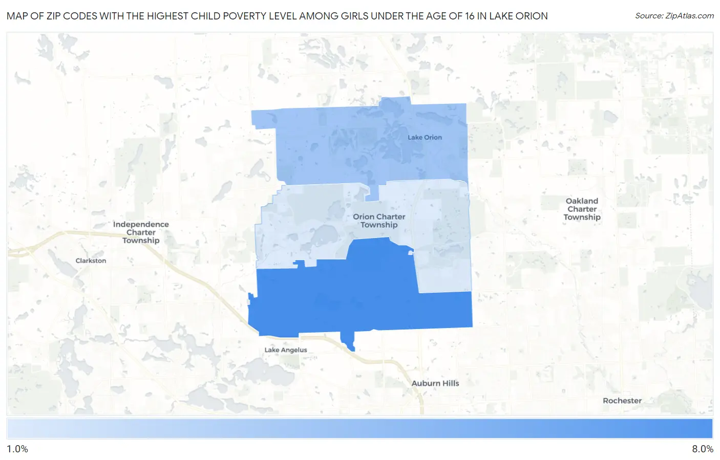 Zip Codes with the Highest Child Poverty Level Among Girls Under the Age of 16 in Lake Orion Map