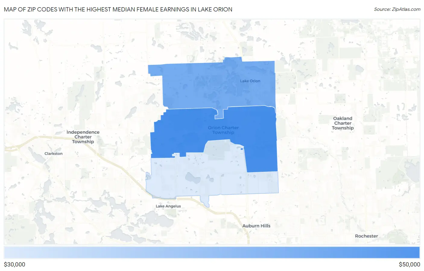 Zip Codes with the Highest Median Female Earnings in Lake Orion Map