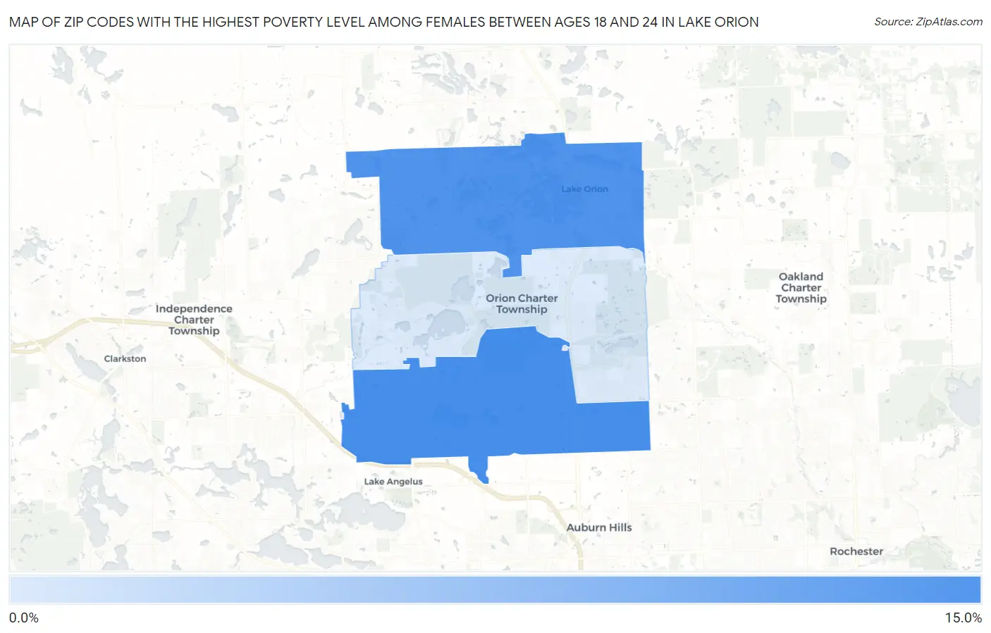 Zip Codes with the Highest Poverty Level Among Females Between Ages 18 and 24 in Lake Orion Map