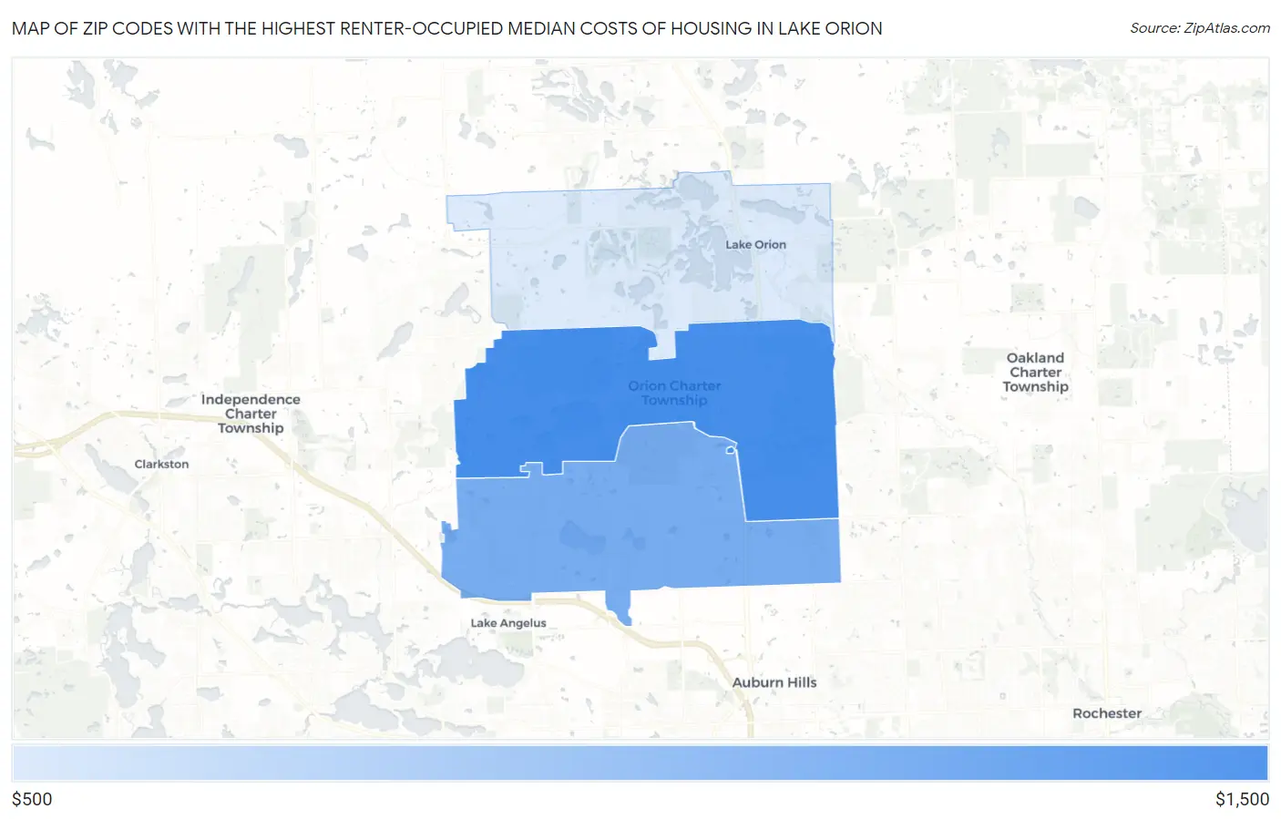 Zip Codes with the Highest Renter-Occupied Median Costs of Housing in Lake Orion Map