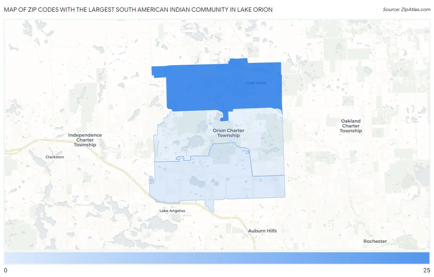 Zip Codes with the Largest South American Indian Community in Lake Orion Map