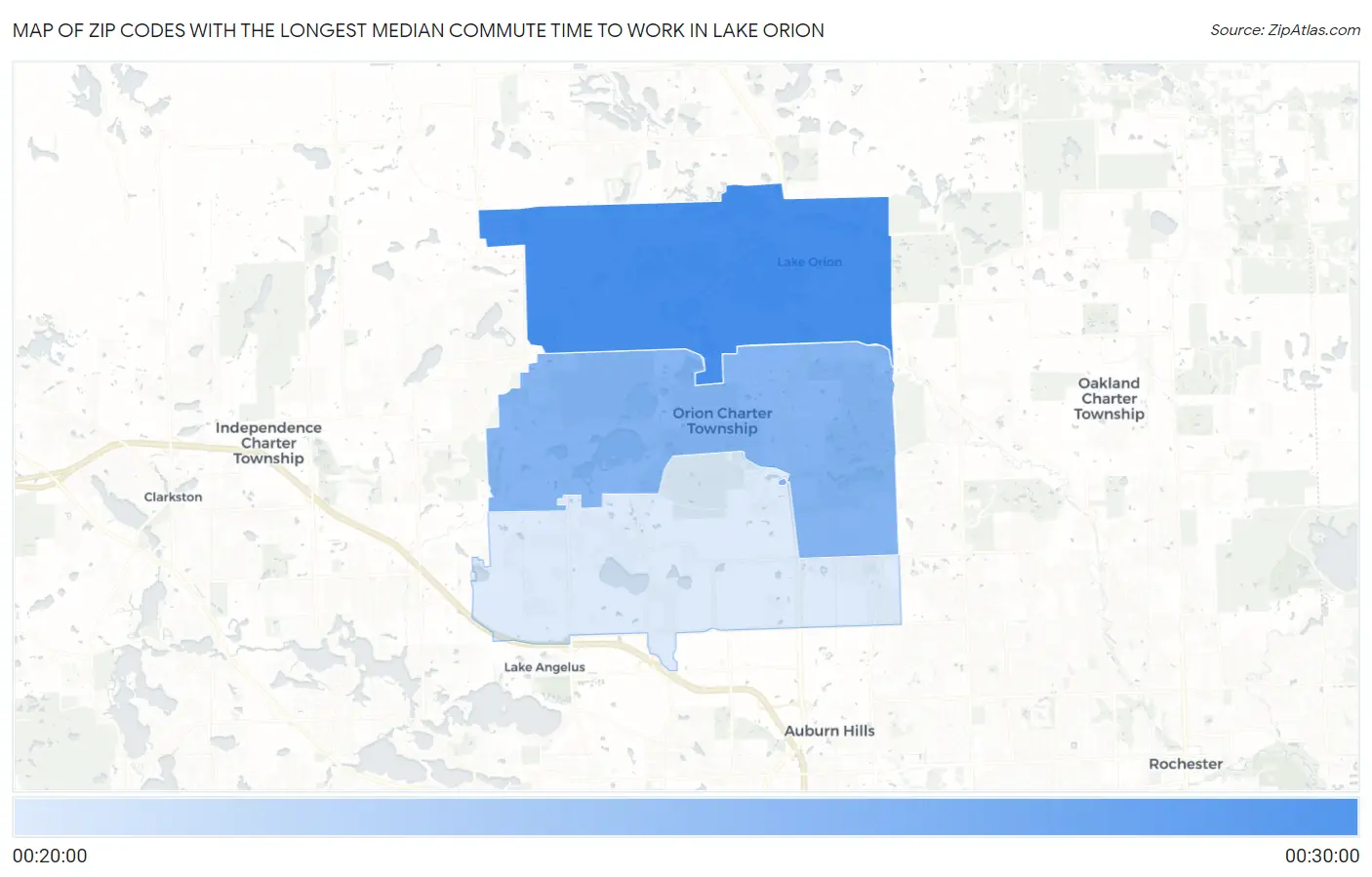Zip Codes with the Longest Median Commute Time to Work in Lake Orion Map