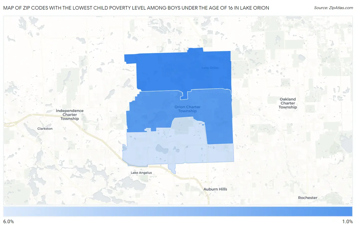 Zip Codes with the Lowest Child Poverty Level Among Boys Under the Age of 16 in Lake Orion Map