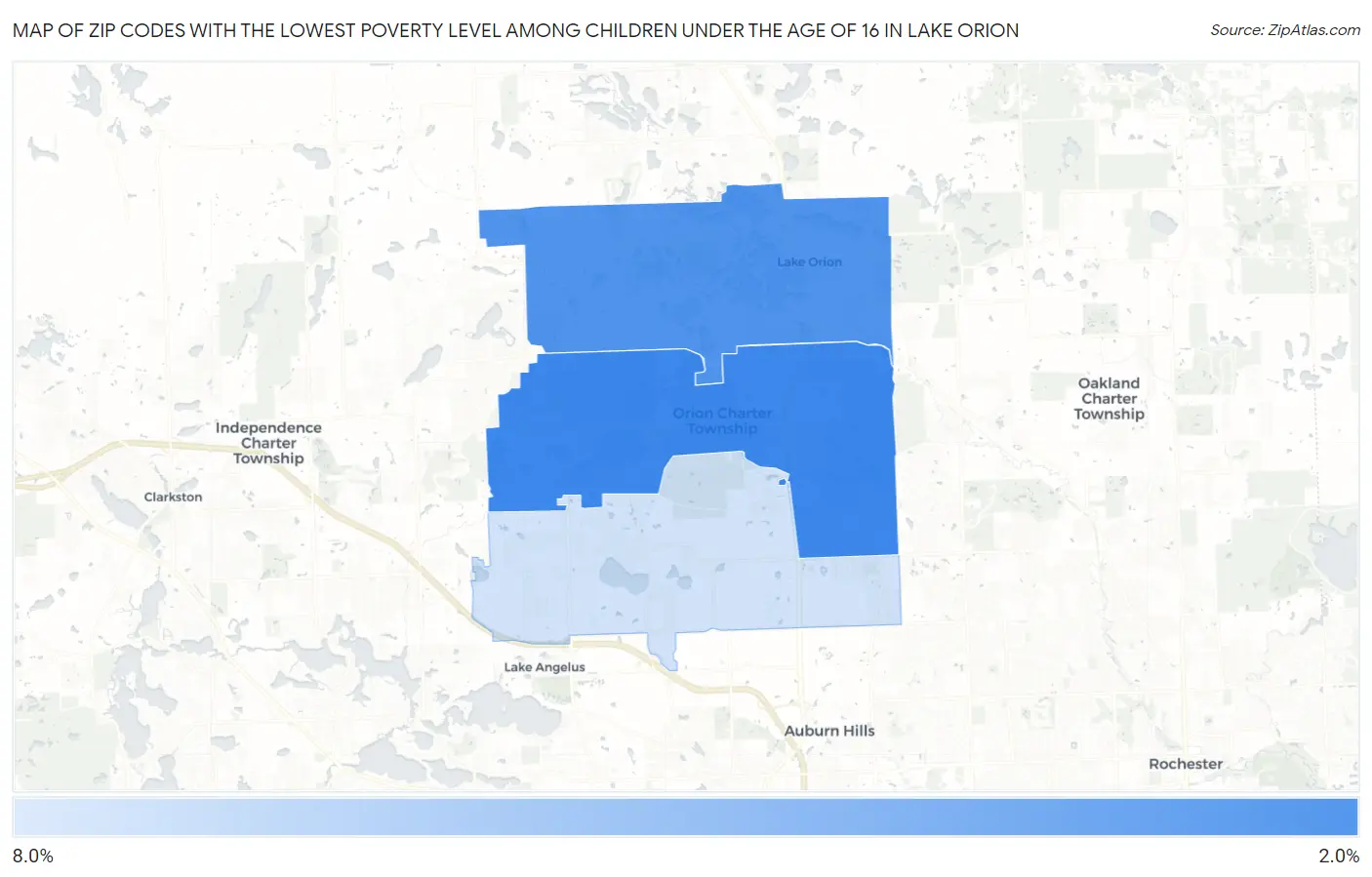 Zip Codes with the Lowest Poverty Level Among Children Under the Age of 16 in Lake Orion Map