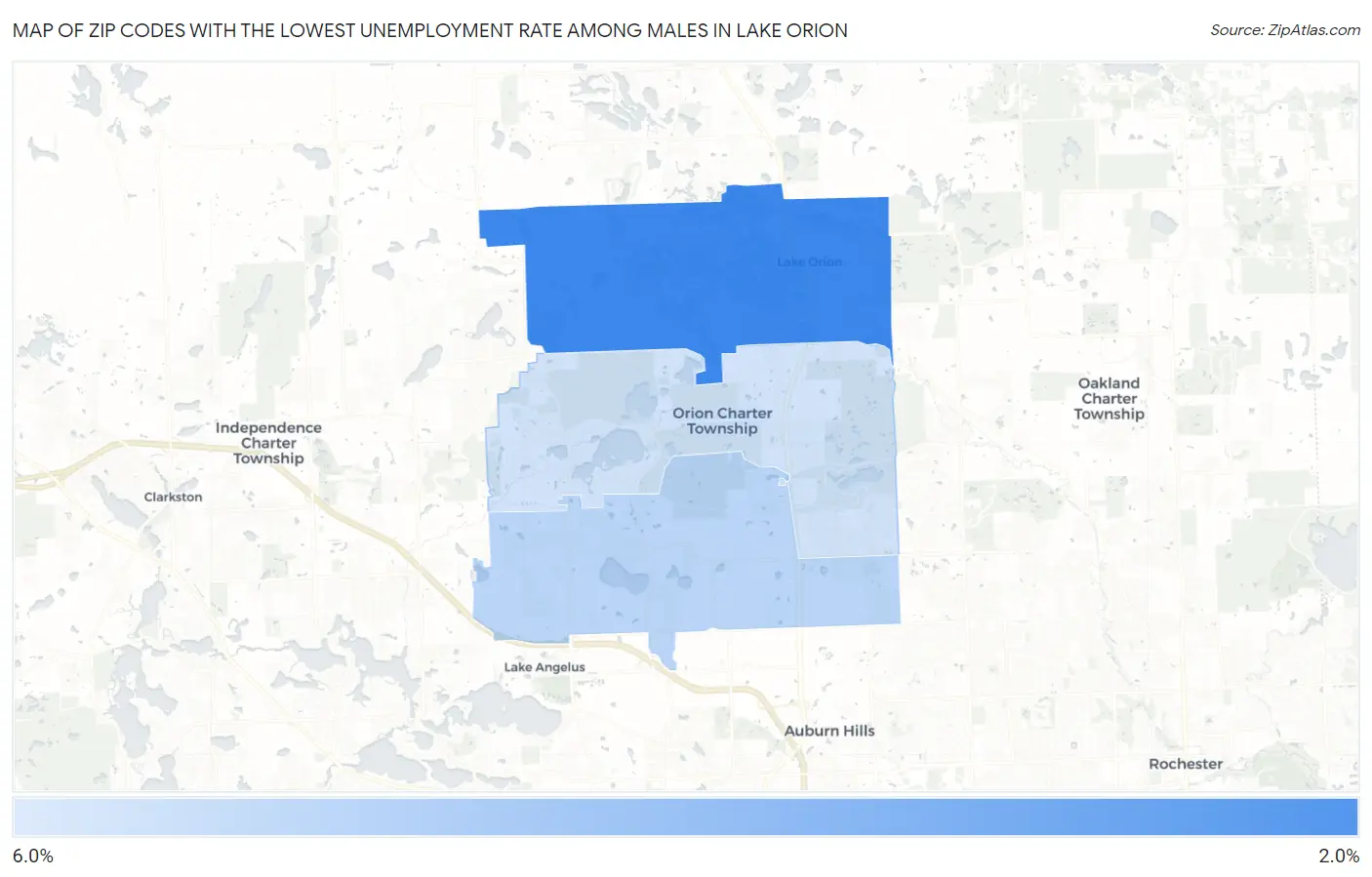 Zip Codes with the Lowest Unemployment Rate Among Males in Lake Orion Map