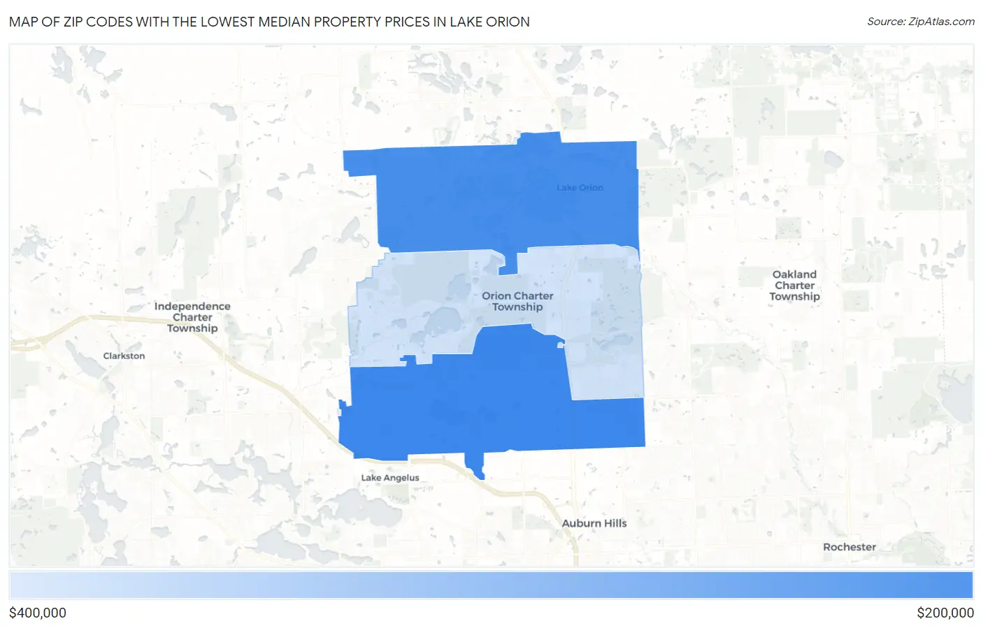 Zip Codes with the Lowest Median Property Prices in Lake Orion Map