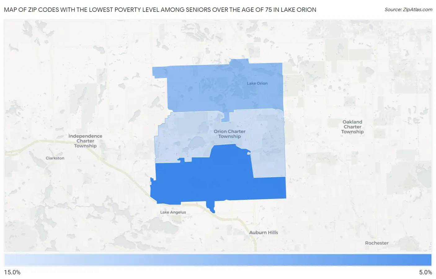 Zip Codes with the Lowest Poverty Level Among Seniors Over the Age of 75 in Lake Orion Map