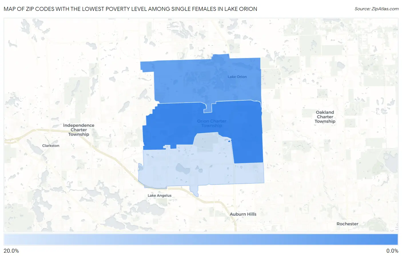 Zip Codes with the Lowest Poverty Level Among Single Females in Lake Orion Map