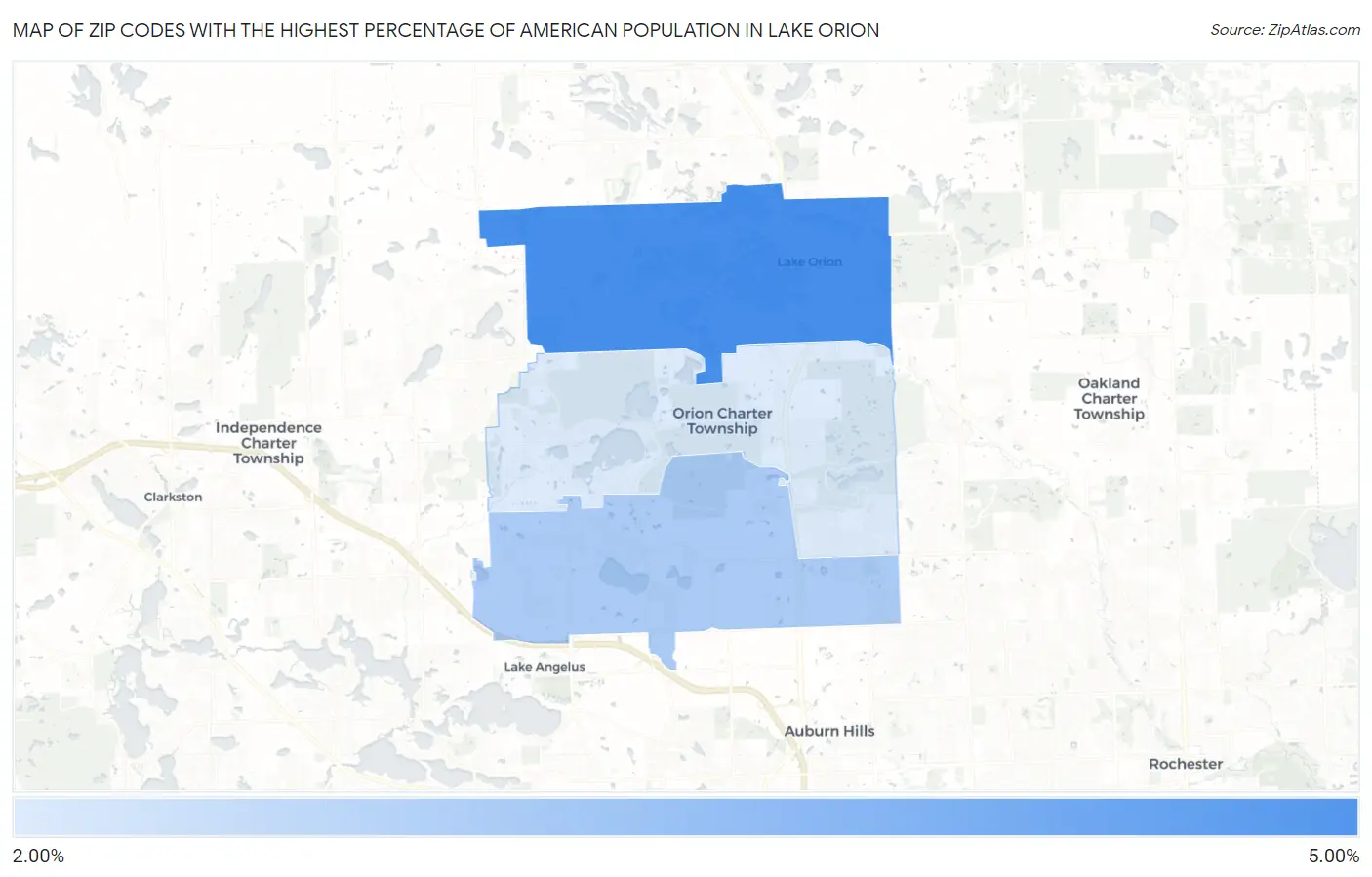 Zip Codes with the Highest Percentage of American Population in Lake Orion Map