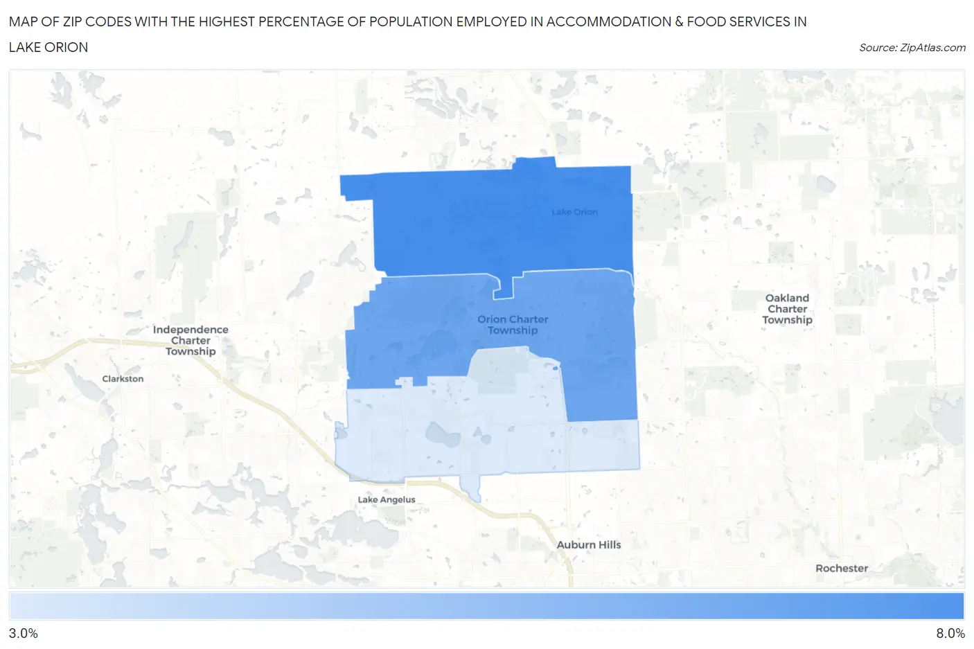 Zip Codes with the Highest Percentage of Population Employed in Accommodation & Food Services in Lake Orion Map