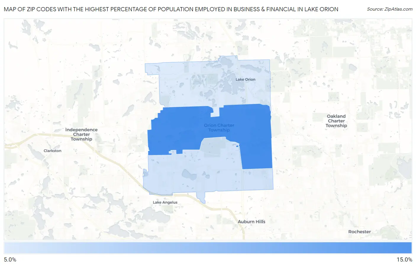 Zip Codes with the Highest Percentage of Population Employed in Business & Financial in Lake Orion Map
