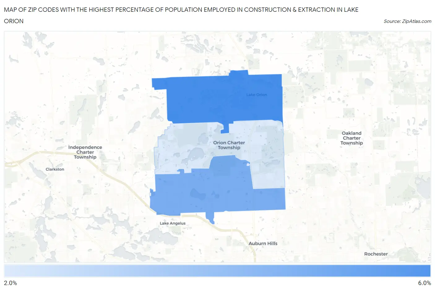 Zip Codes with the Highest Percentage of Population Employed in Construction & Extraction in Lake Orion Map