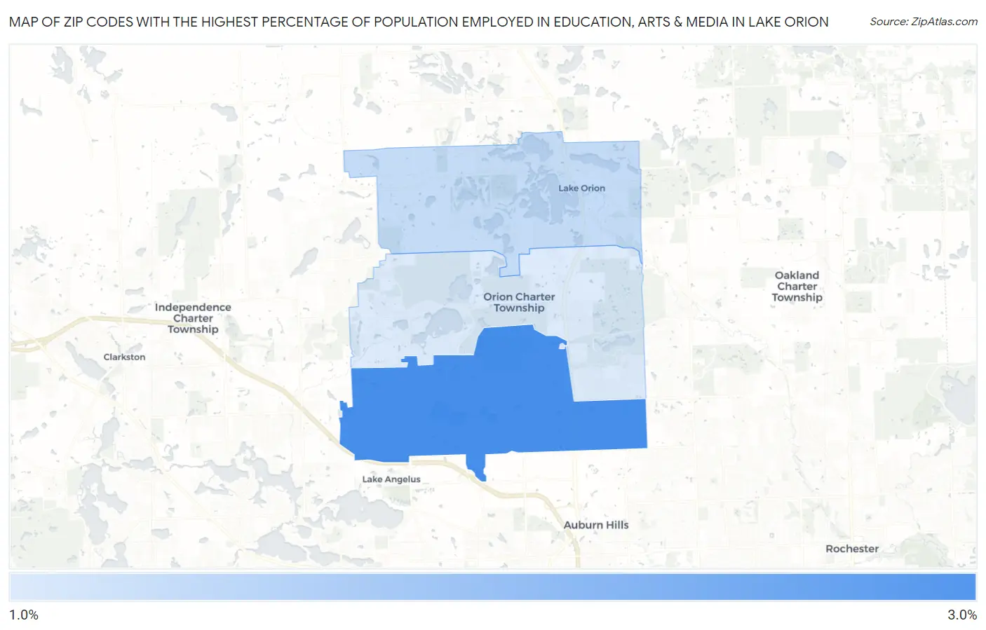 Zip Codes with the Highest Percentage of Population Employed in Education, Arts & Media in Lake Orion Map