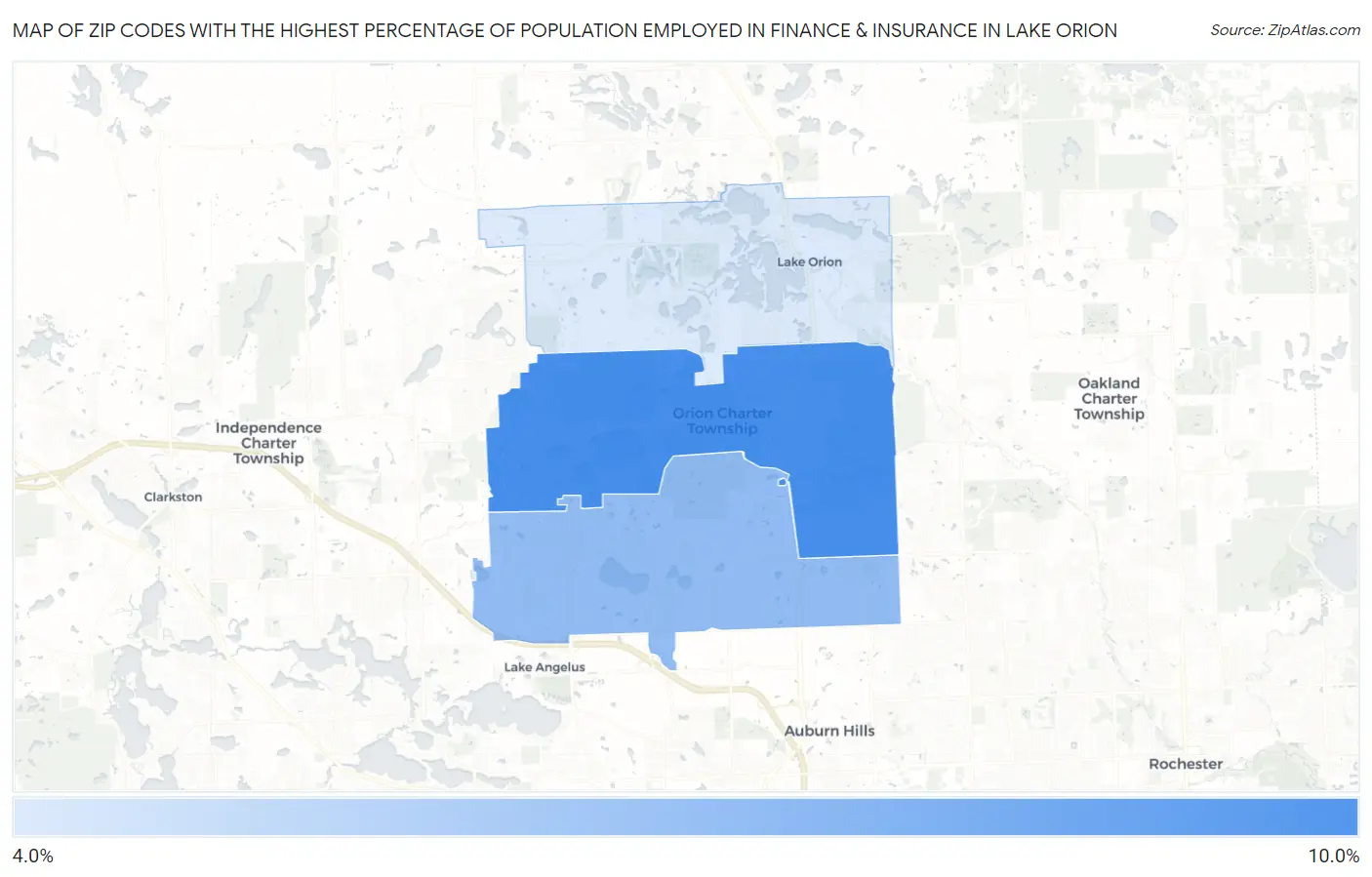 Zip Codes with the Highest Percentage of Population Employed in Finance & Insurance in Lake Orion Map
