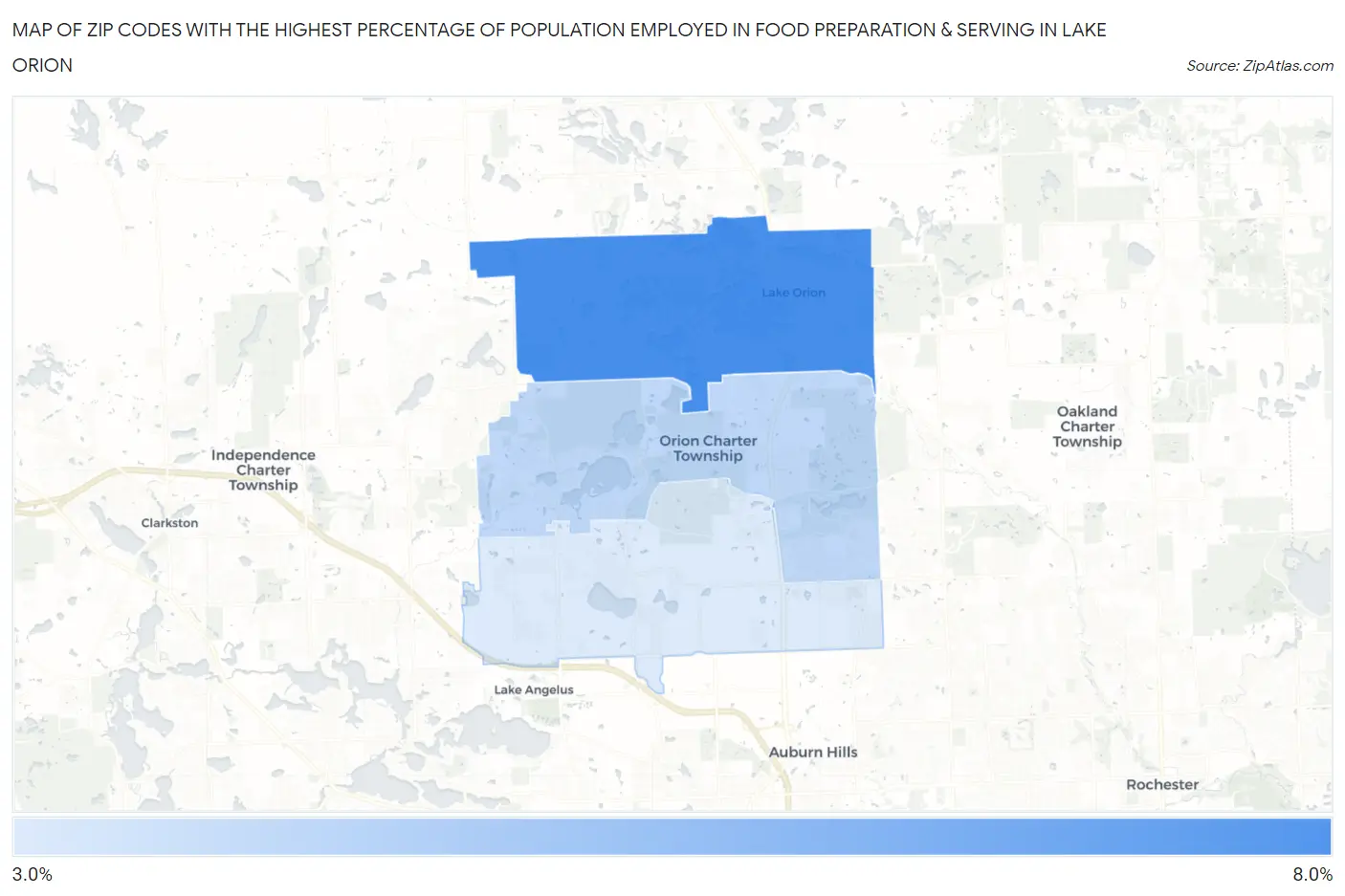 Zip Codes with the Highest Percentage of Population Employed in Food Preparation & Serving in Lake Orion Map