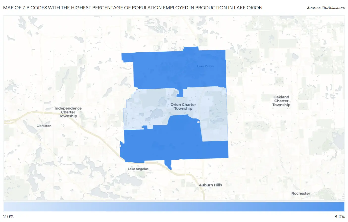 Zip Codes with the Highest Percentage of Population Employed in Production in Lake Orion Map
