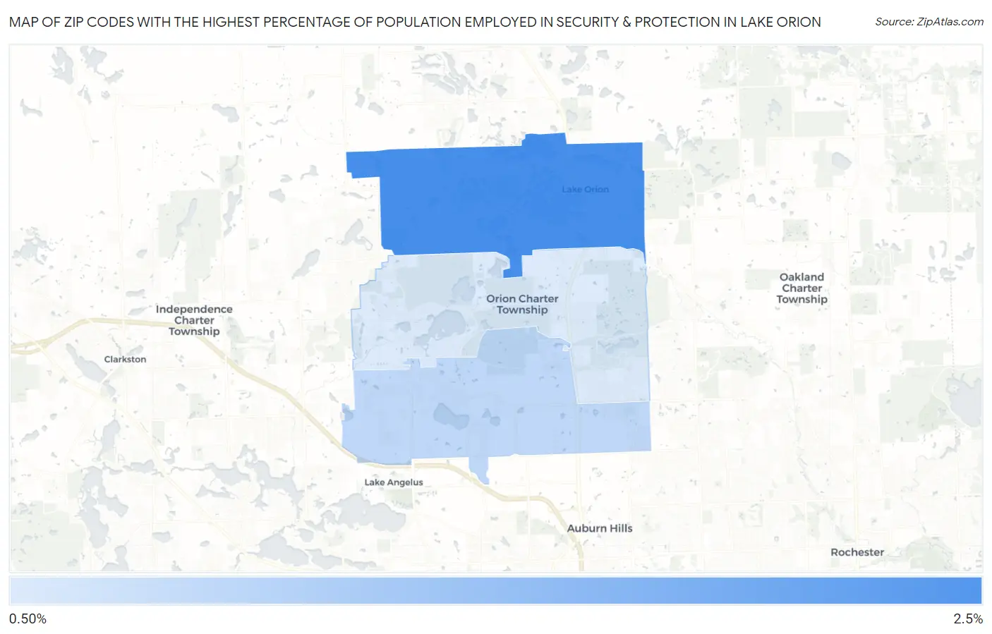 Zip Codes with the Highest Percentage of Population Employed in Security & Protection in Lake Orion Map