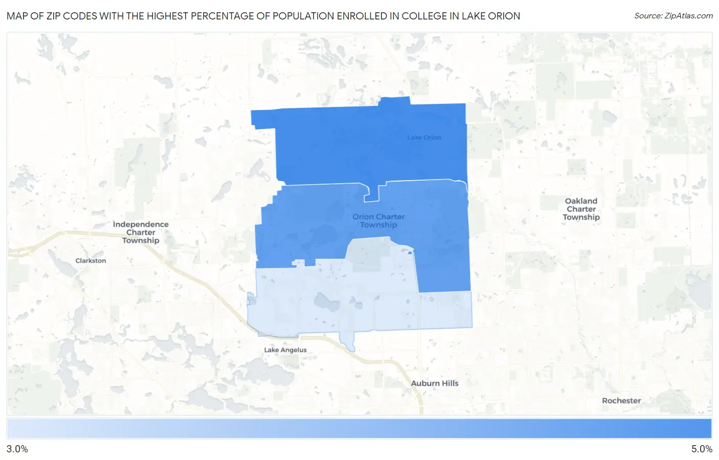 Zip Codes with the Highest Percentage of Population Enrolled in College in Lake Orion Map