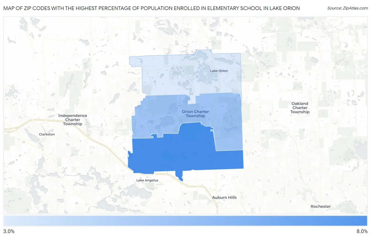 Zip Codes with the Highest Percentage of Population Enrolled in Elementary School in Lake Orion Map