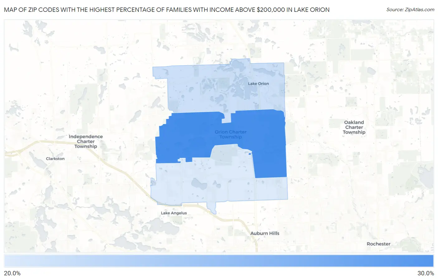 Zip Codes with the Highest Percentage of Families with Income Above $200,000 in Lake Orion Map