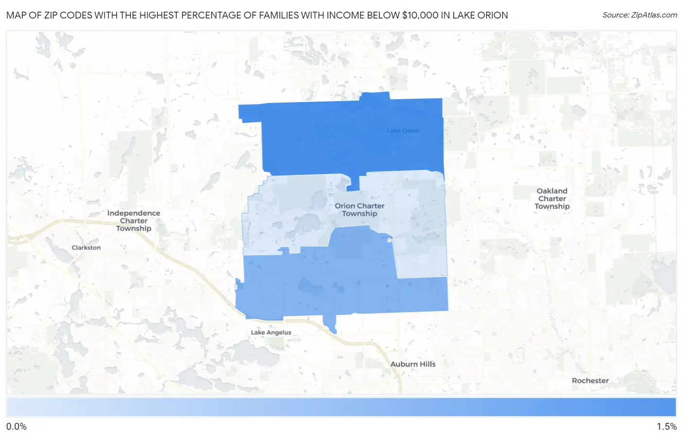 Zip Codes with the Highest Percentage of Families with Income Below $10,000 in Lake Orion Map