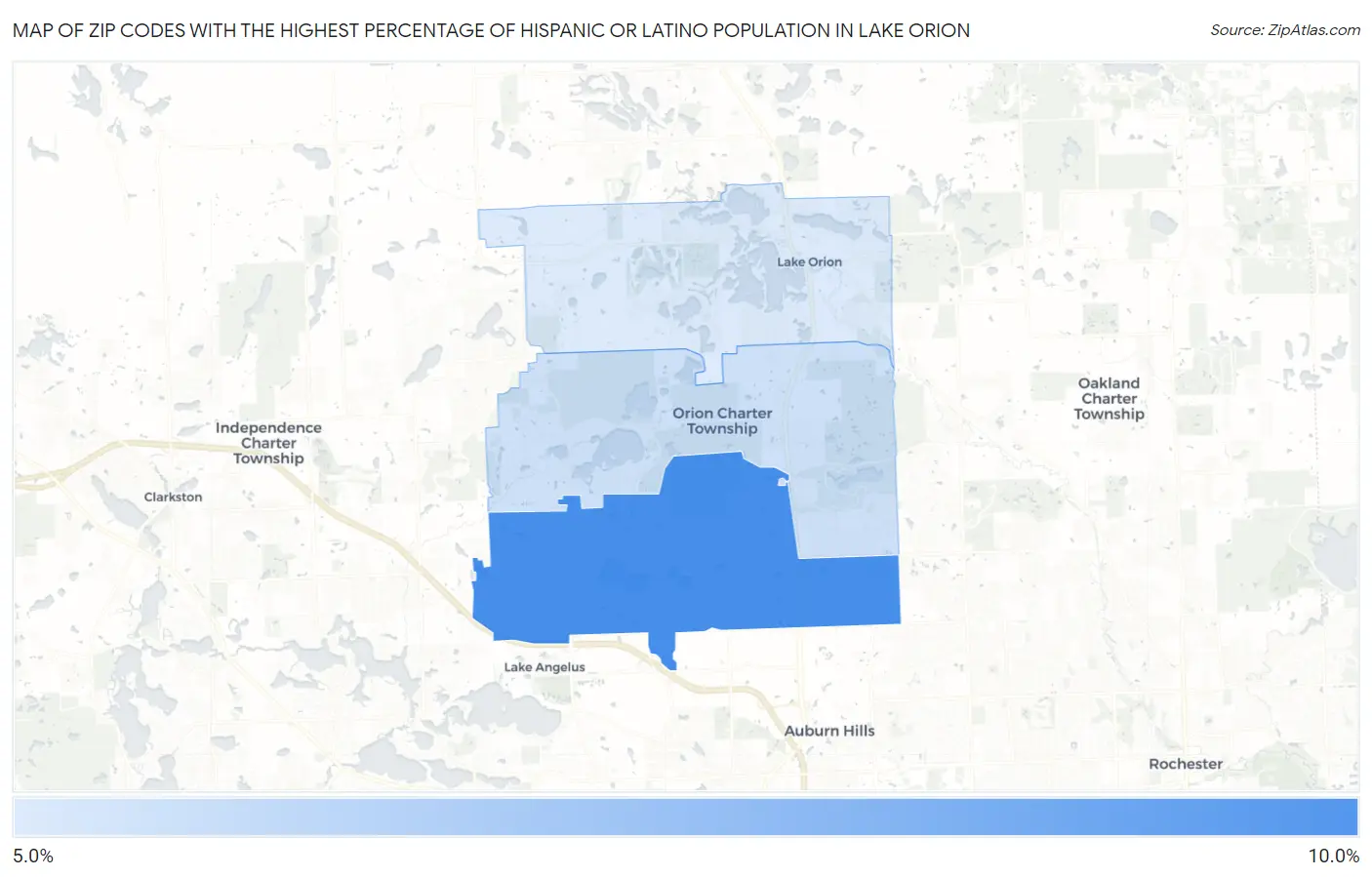 Zip Codes with the Highest Percentage of Hispanic or Latino Population in Lake Orion Map