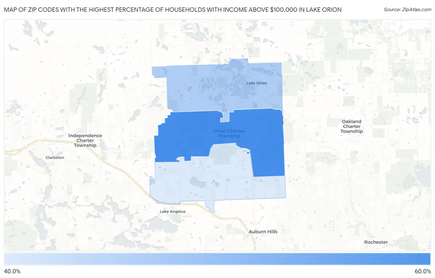 Zip Codes with the Highest Percentage of Households with Income Above $100,000 in Lake Orion Map