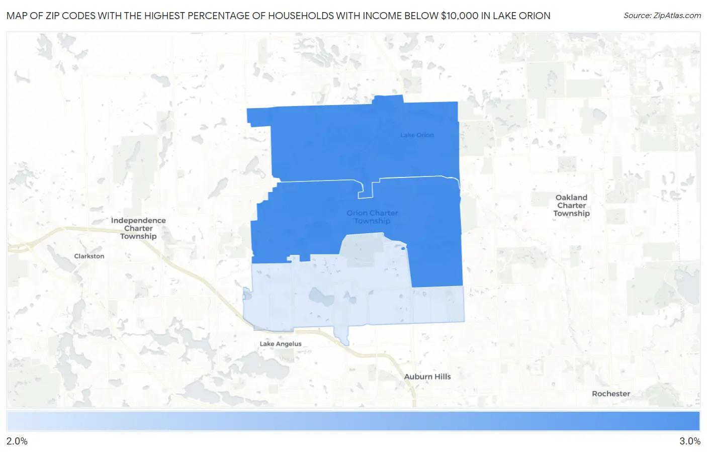 Zip Codes with the Highest Percentage of Households with Income Below $10,000 in Lake Orion Map